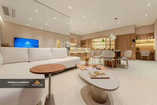Living do apartamento decorado do Grand'Oro Vila Barth, foto real do decorado de 126 m²