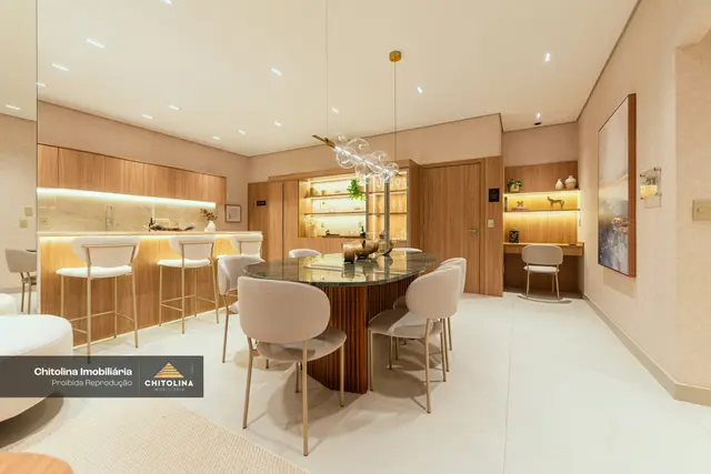 Sala de jantar do apartamento decorado do Grand'Oro Vila Barth, foto real do decorado de 126 m²