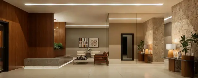 Hall social da área de lazer do Grand'Oro Vila Barth (perspectiva ilustrativa)
