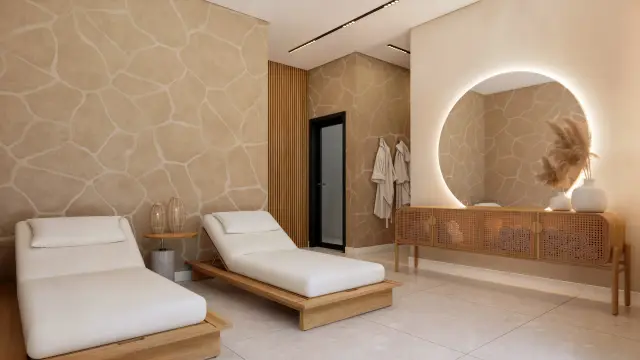 Lounge com lareira da área de lazer do Grand'Oro Vila Barth (perspectiva ilustrativa)