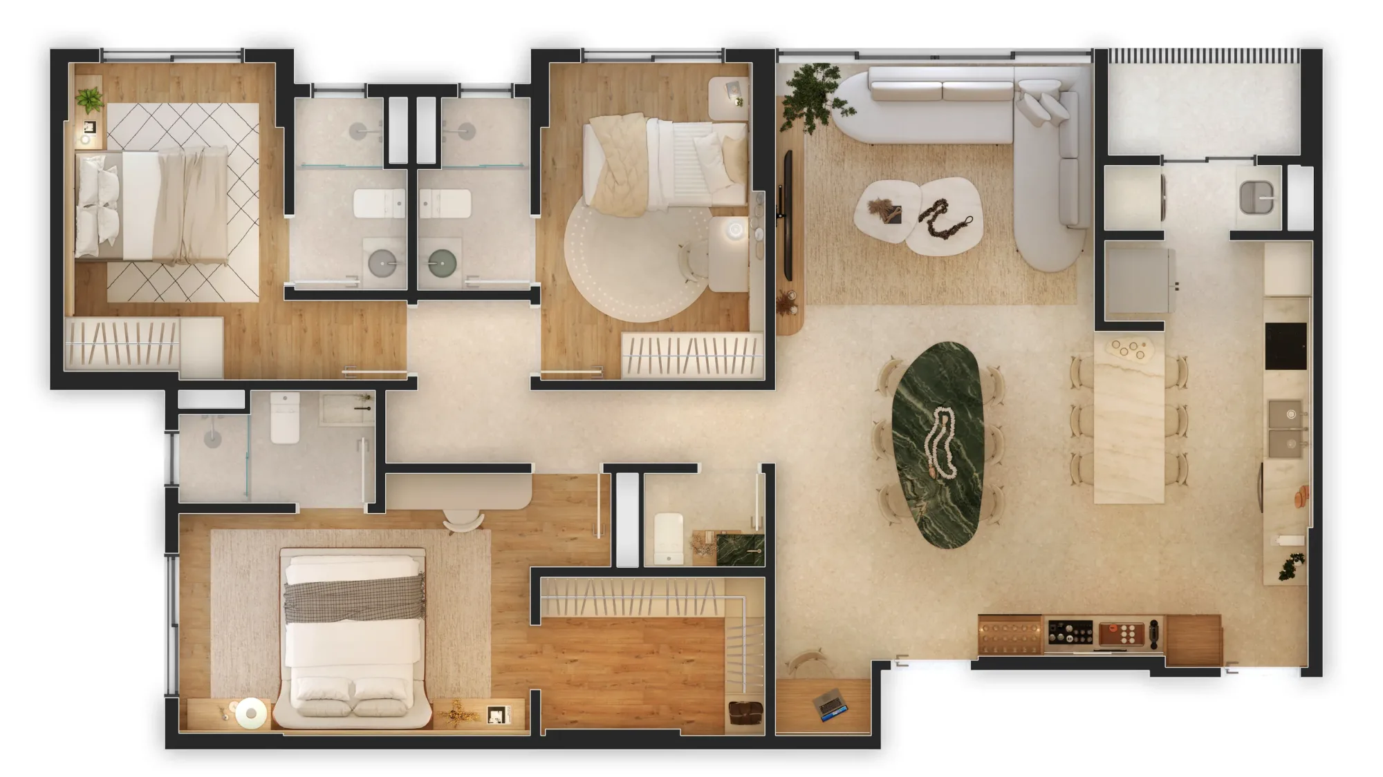 Planta humanizada do apartamento decorado de 126,40 m² do Grand'Oro