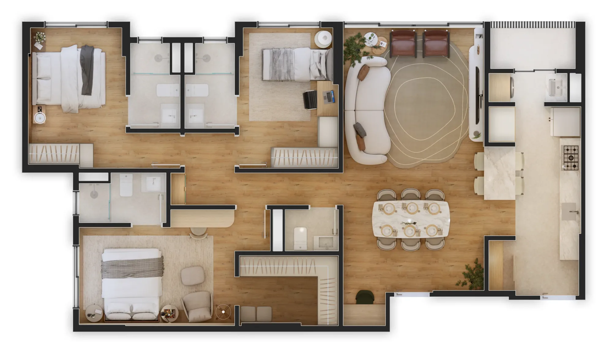 Planta do apartamento tipo de 126,40 m² com três suítes, estar e jantar integrados à varanda